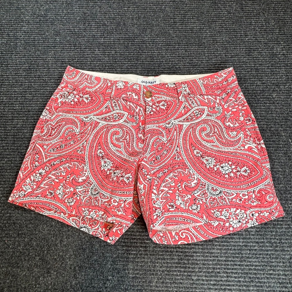 Old Navy Womens Pink Paisley Cotton Shorts Sz 8 Mid Rise Summer Casual 5" Inseam